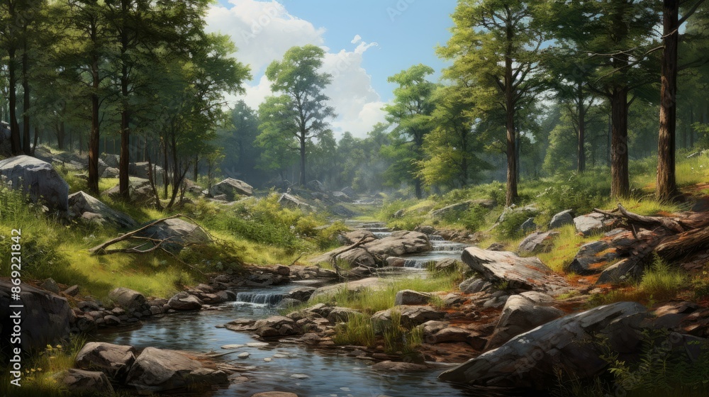 A beautiful landscape with a river running through it. The river is surrounded by green trees and rocks. A beautiful landscape with a river running through it. The river is surrounded by green trees and rocks.