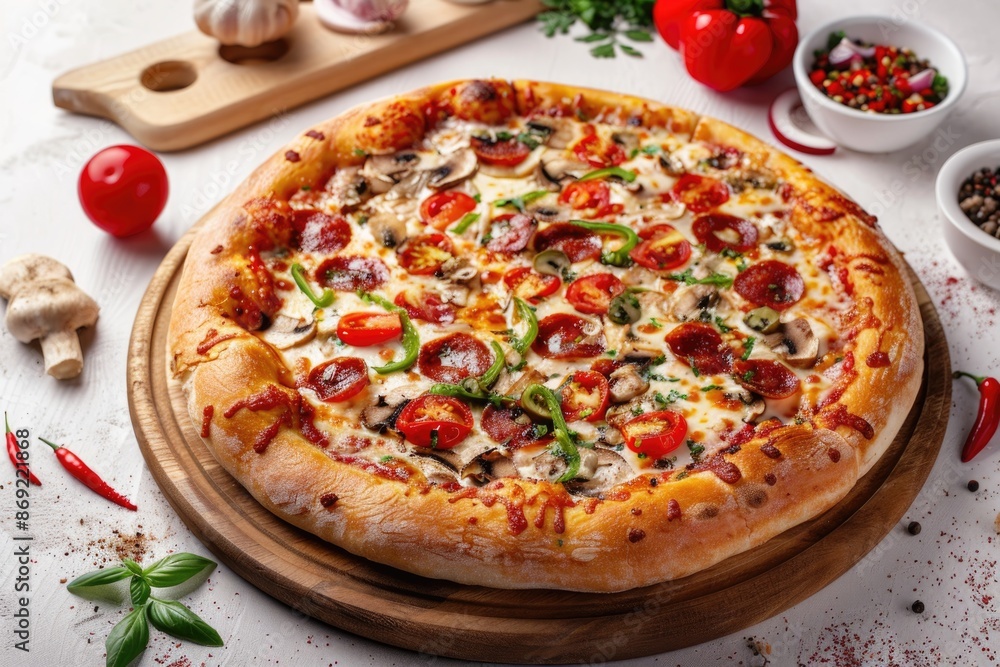 Delicious Pepperoni Pizza with Mushrooms, Basil, and Tomatoes on White Background Delicious Pepperoni Pizza with Mushrooms, Basil, and Tomatoes on White Background