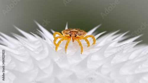 A small beetle with brown and red markings walks on a white feather against a soft, blurred background