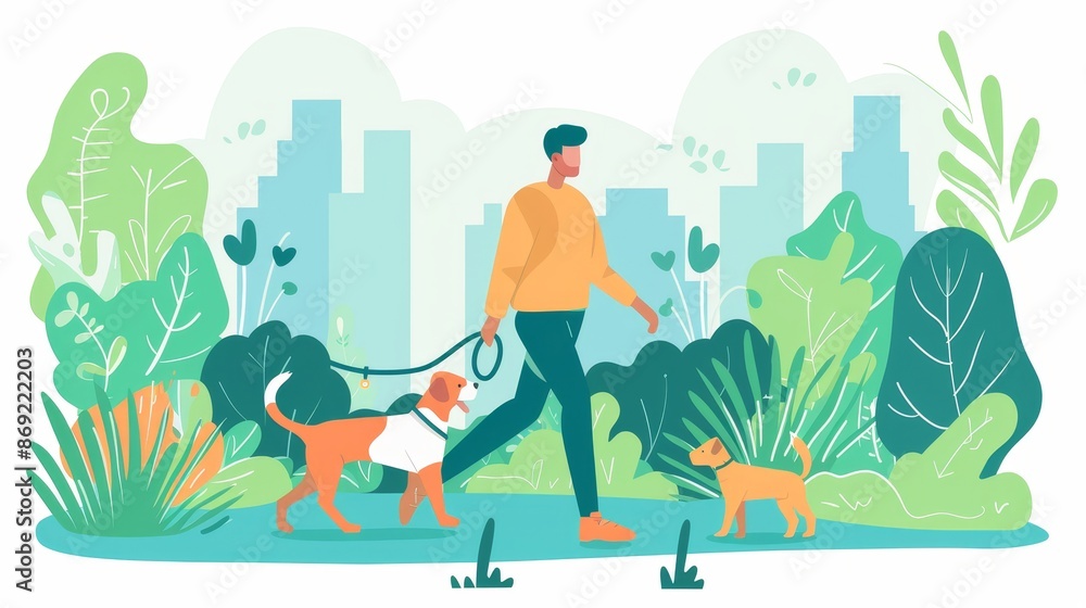 This banner shows a man walking a dog in the park. It represents a professional service for training, walking, and daycare of domestic animals with a flat illustration of a worker with a puppy. This banner shows a man walking a dog in the park. It represents a professional service for training, walking, and daycare of domestic animals with a flat illustration of a worker with a puppy.