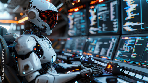 Close-up image of an AI robot coding at a workstation. The AI bot should be seated at a high-tech desk with multiple monitors displaying. Future cybernetic technology automation and research concept