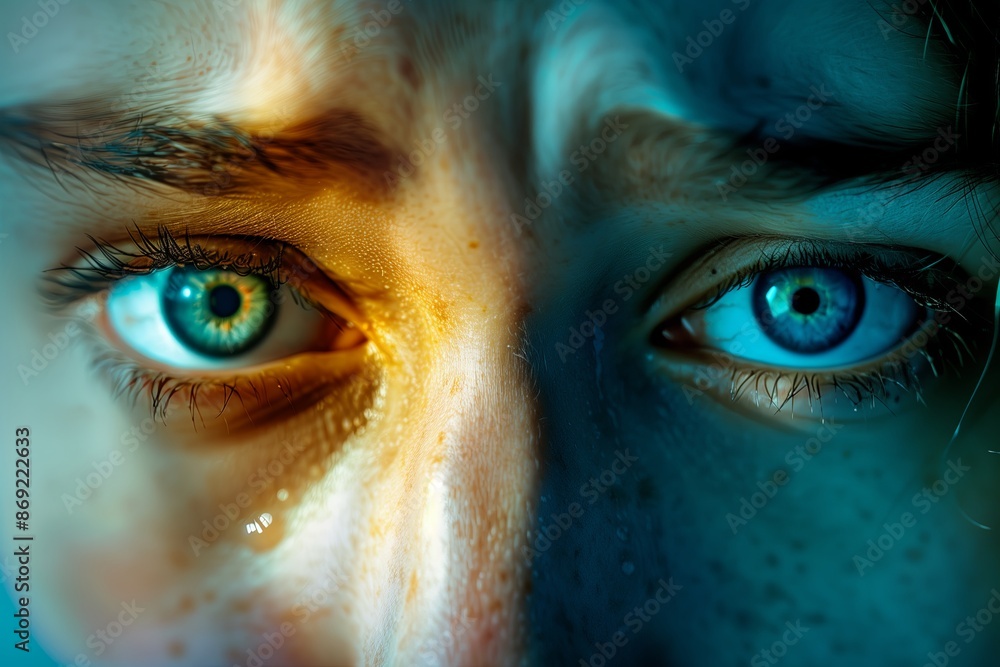 A close up graph of a person s face with intense, conflicting emotions. One eye is bright and A close up graph of a person s face with intense, conflicting emotions. One eye is bright and