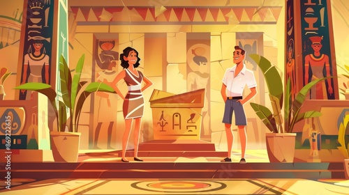 A laughing man stands next to a smiling woman in a mummy bandage costume in an Egyptian temple room. Cartoon modern joke inside an Egyptian temple room with a sarcophagus of a pharaoh and Egyptian