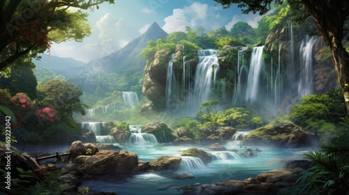 A beautiful landscape of a waterfall in a tropical rainforest. The waterfall is surrounded by lush green vegetation and the water is crystal clear.