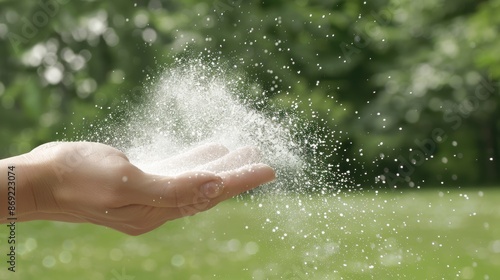 A person sprays a fine mist from a bottle into the air in front of a green leafy background