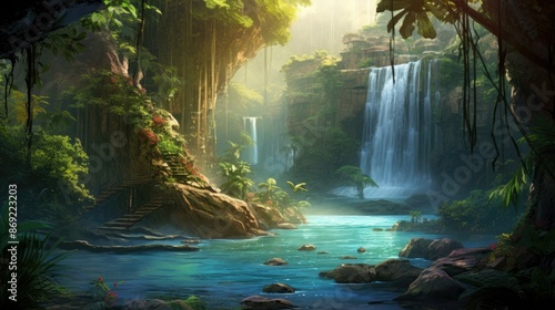 lush green vegetation surrounds a beautiful waterfall in a tropical paradise. the sun rays through the leaves of the trees. photo