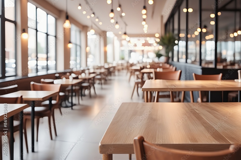 Cozy restaurant interior with elegant wooden furniture and ambient lighting Cozy restaurant interior with elegant wooden furniture and ambient lighting