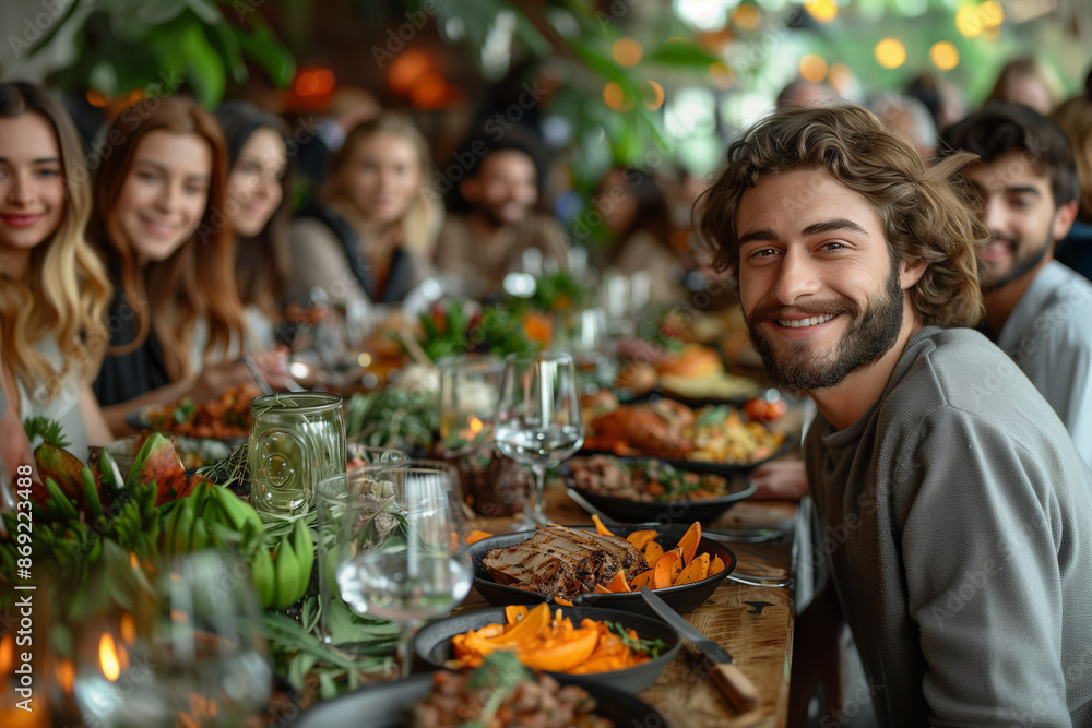 A young man with a beard smiles warmly at the camera while sitting at a festive dinner table. The table is filled with a variety of dishes and decorated with greenery and candles A young man with a beard smiles warmly at the camera while sitting at a festive dinner table. The table is filled with a variety of dishes and decorated with greenery and candles