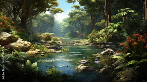 lush green foliage and bright flowers surround a pristine river in a magical forest