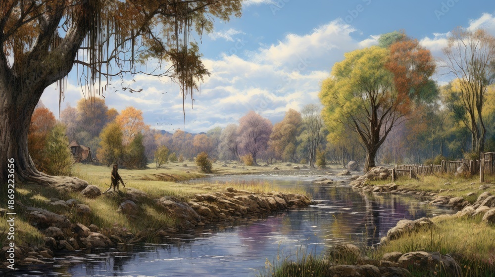 A beautiful landscape with a river running through it. There are trees and bushes on the banks of the river, and a small village in the distance. A beautiful landscape with a river running through it. There are trees and bushes on the banks of the river, and a small village in the distance.