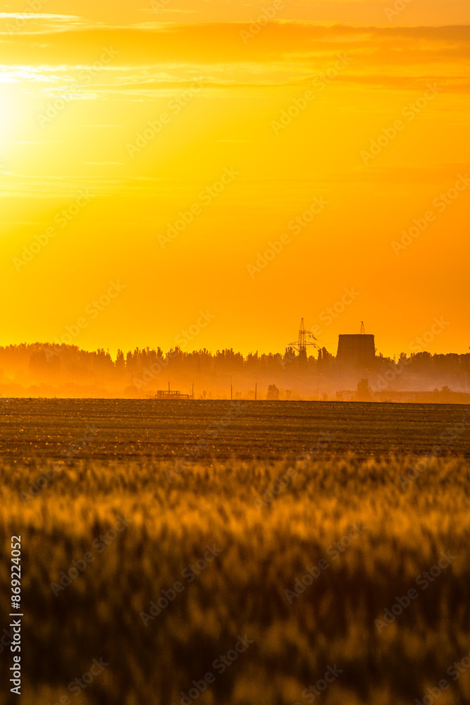 Obraz premium Landscape with sunset and golden sun . Power station on field. Sun over the horizon . Power lines . Weat field and golden lights .