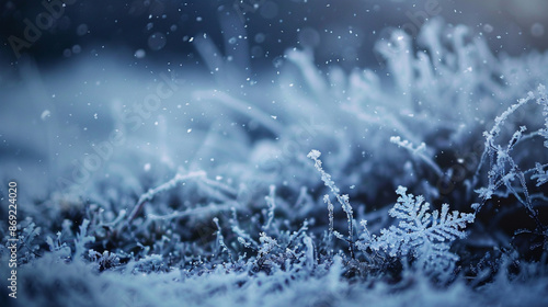 Snowflake crystals and snow falling on frozen ground and plants on a cold winter night