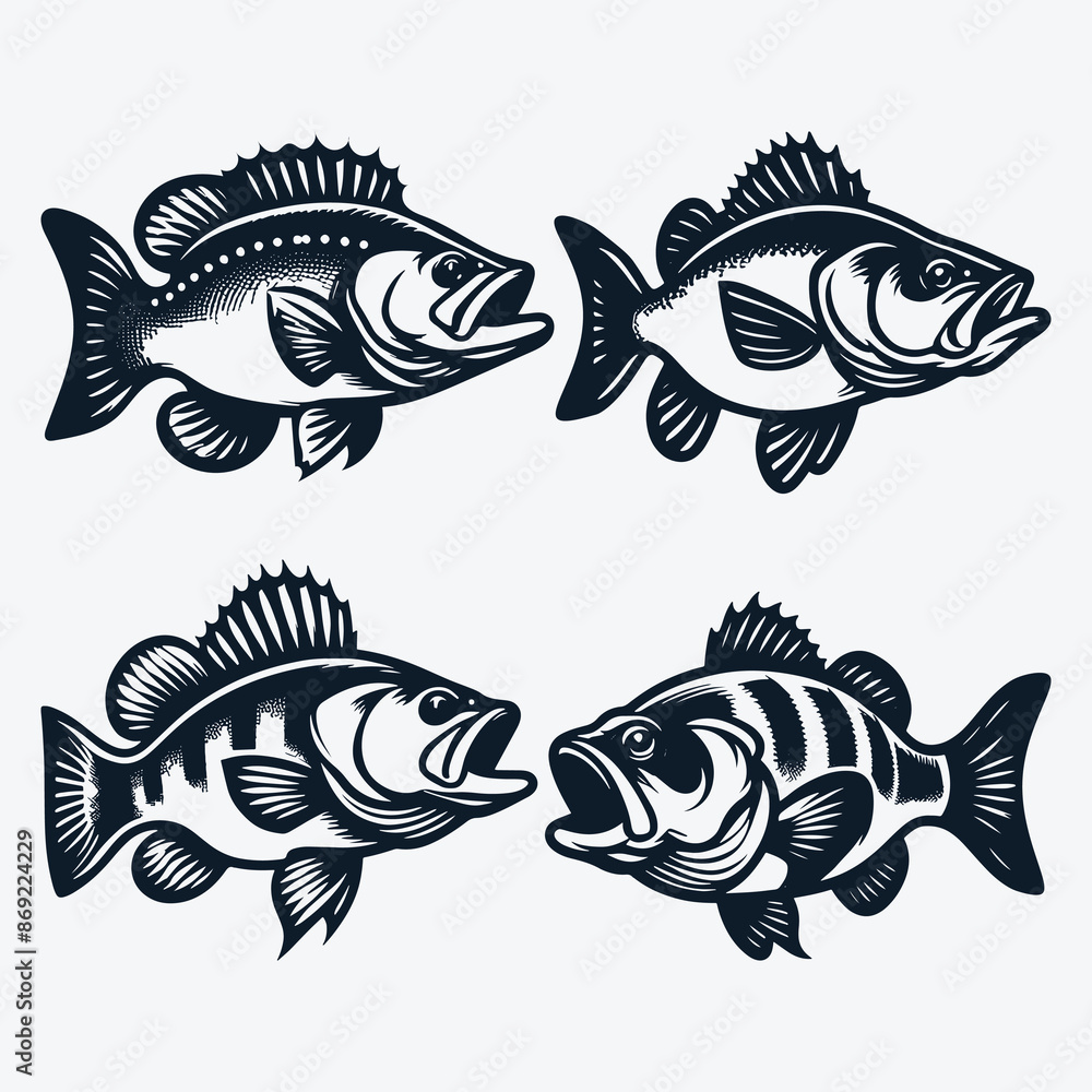 Naklejka premium Bass Fish Vector Silhouette Collection for Fishing Lovers