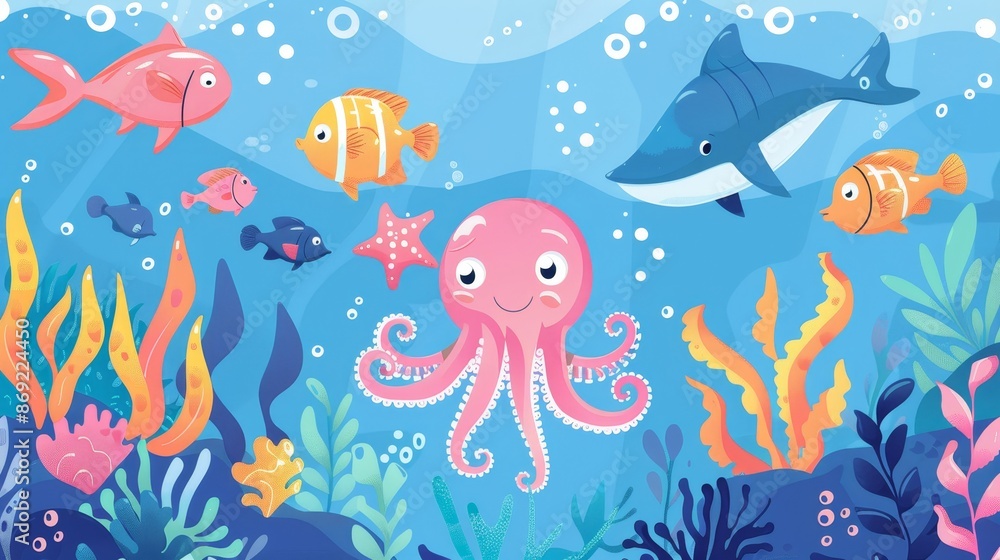 Posters of World Ocean Day featuring cute fish, octopus, and seahorse characters deep underwater. Cartoon illustration of wild marine animals in the ocean. Posters of World Ocean Day featuring cute fish, octopus, and seahorse characters deep underwater. Cartoon illustration of wild marine animals in the ocean.