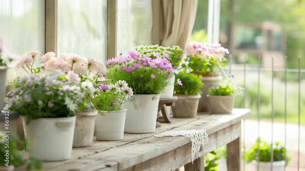 Fototapeta premium A charming chic greenhouse with vintage-inspired potted flowers on a rustic wooden table, creating a vibrant and inviting atmosphere.