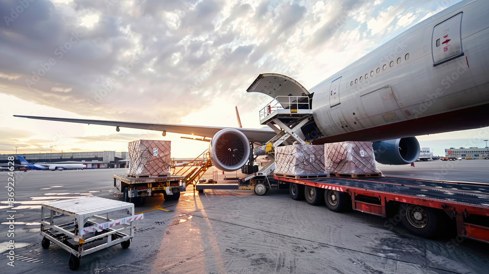 Airport workers loading cargo on airplane Airport workers loading cargo on airplane