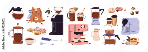 Coffeehouse items set. Elements of coffeeshop kitchen. Coffee machines, beans grinder, coffeepots. Paper cups of beverage, mug of hot drinks, desserts. Flat isolated vector illustrations on white