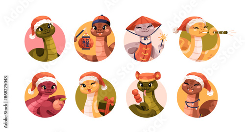 Cute snakes, Chinese New Year mascot avatars set. CNY symbol animal. Funny 2025 lunar holiday characters in circles. Festive comic kawaii flat vector illustrations isolated on white background