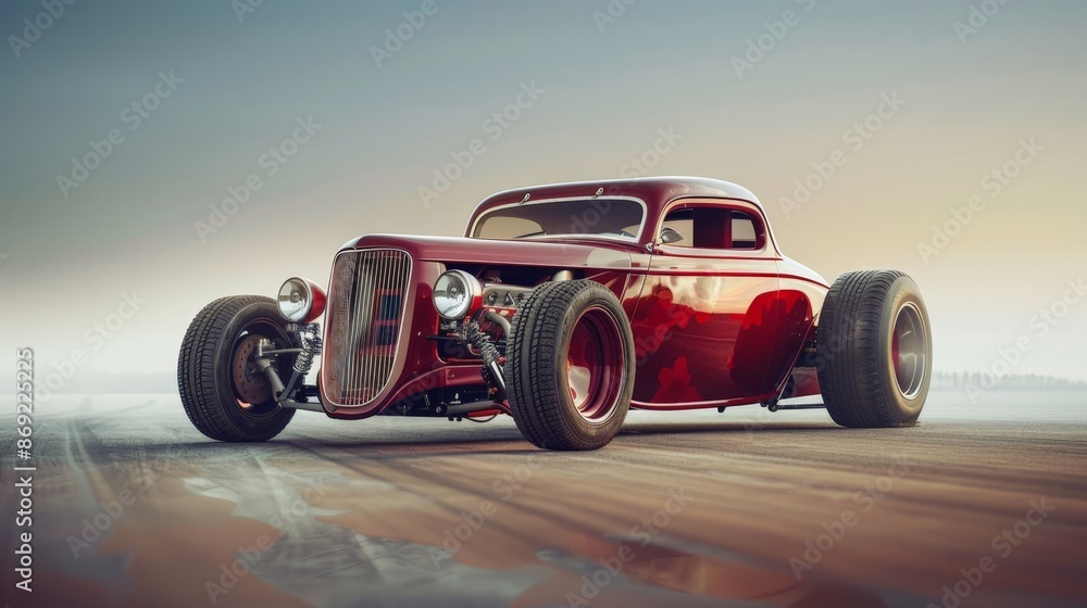 A classic red hot rod with wide tires and a lowered suspension, parked on a dusty road. A classic red hot rod with wide tires and a lowered suspension, parked on a dusty road.