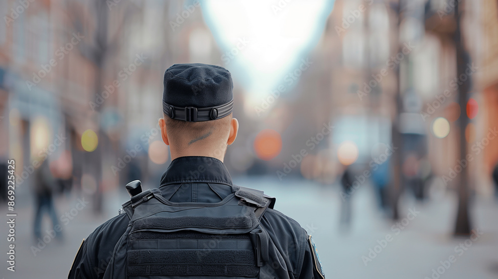 Obraz premium A police officer seen from the back, standing in the middle of a city street, conveying a tense moment of decision.