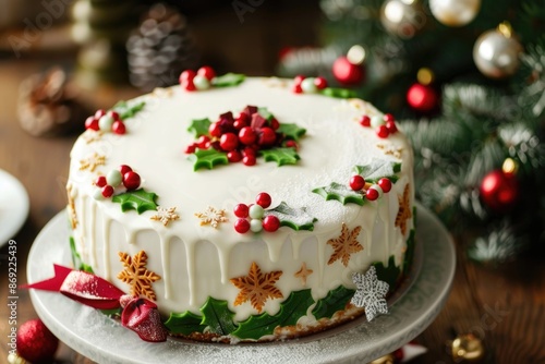 Festive Christmas Fruitcake with White Icing and Berries on Holiday Decorated Table