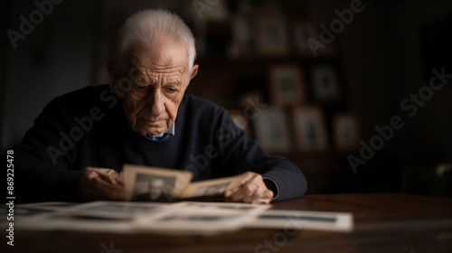 Elderly man looking at old photos in a dimly lit room, dealing with memories and nostalgia.
