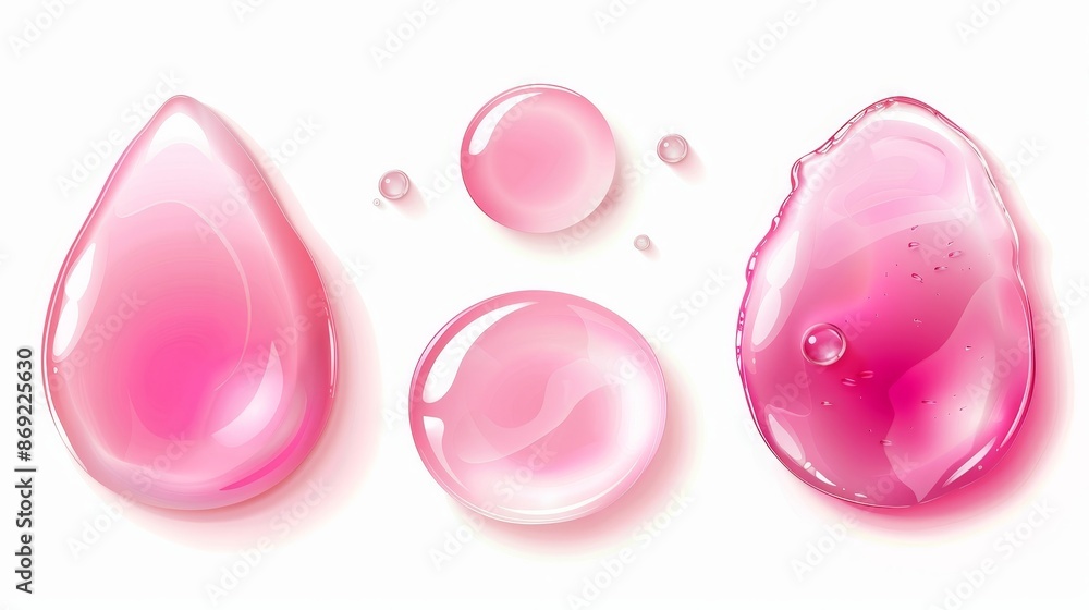 A modern realistic illustration showing drops of gel, cosmetic serum or soap in top view on a transparent background. A modern realistic illustration showing drops of gel, cosmetic serum or soap in top view on a transparent background.
