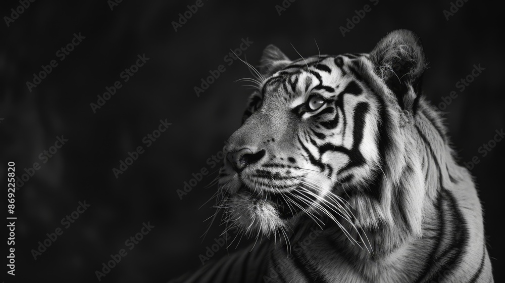 A majestic tiger stares intently into the distance, its stripes and whiskers prominent against the dark background. A majestic tiger stares intently into the distance, its stripes and whiskers prominent against the dark background.