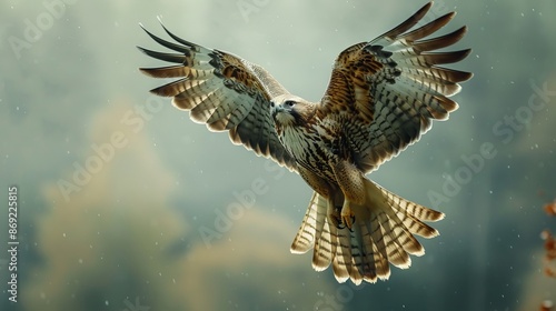 A majestic hawk in flight, wings spread wide against a soft, blurred background.
