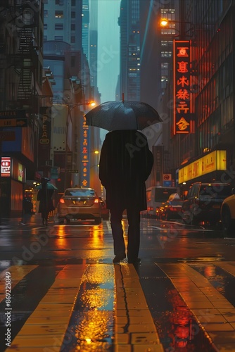 Man Walk In the Rainy day with Umbrella in City