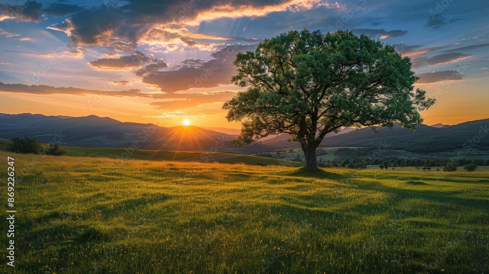 A solitary tree stands tall in a field, bathed in the warm glow of a sunset. Mountains rise in the distance. A solitary tree stands tall in a field, bathed in the warm glow of a sunset. Mountains rise in the distance.