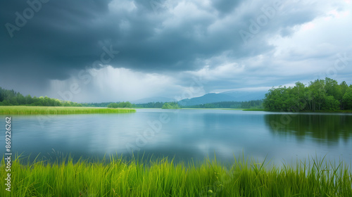 Storm clouds gather over a calm lake, creating a striking visual metaphor for approaching anxiety and tension in an otherwise peaceful setting.