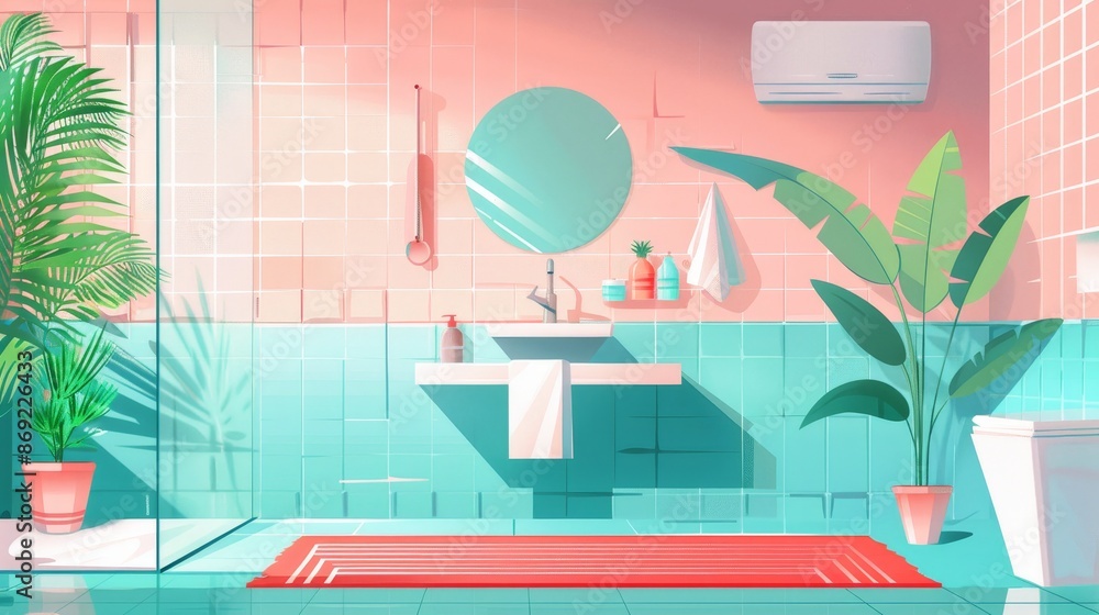 Stylish bathroom interior illustration featuring a sink and shower. Bath room furniture with a soap dish, towel, vintage accessories, a plant and carpet. Stylish bathroom interior illustration featuring a sink and shower. Bath room furniture with a soap dish, towel, vintage accessories, a plant and carpet.