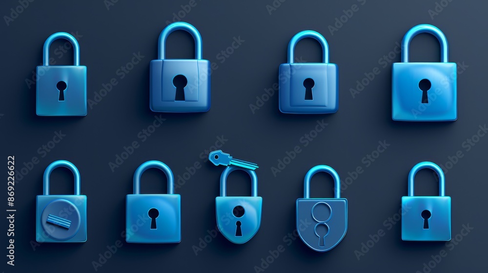 A set of blue padlocks isolated on a transparent background displaying a key in the keyhole, a data security symbol, a password sign for privacy, and a firewall. A set of blue padlocks isolated on a transparent background displaying a key in the keyhole, a data security symbol, a password sign for privacy, and a firewall.