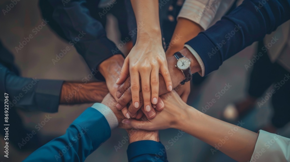 Diverse group of businesspeople placing their hands together, symbolizing teamwork and unity. Diverse group of businesspeople placing their hands together, symbolizing teamwork and unity.
