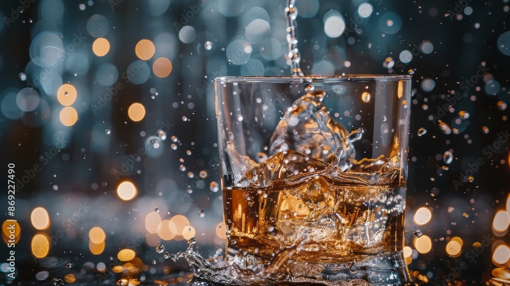 Whiskey pouring into a glass with ice on a dark background with bokeh lights. Whiskey pouring into a glass with ice on a dark background with bokeh lights.