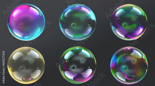 3D iridescent fluid glass spectrum foam. Transparent soap bubble with neon rainbow light texture. Shampoo or powder abstract blow object icon. Clear soapy detergent air sphere. photo