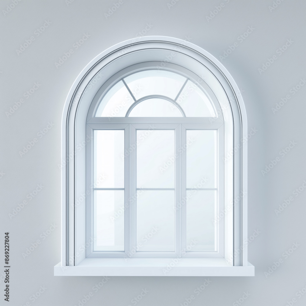 Elegant arched window with a white frame against a light grey wall. The clean design adds a touch of sophistication and simplicity Elegant arched window with a white frame against a light grey wall. The clean design adds a touch of sophistication and simplicity