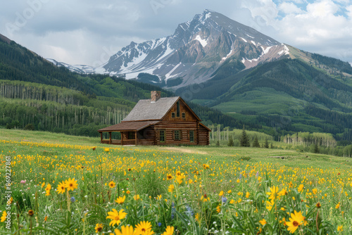 A grassland full of yellow flowers and a small wooden house in the distance © fanjianhua