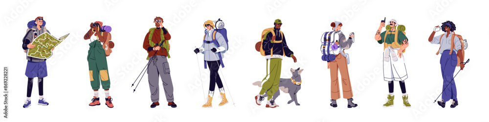 Tourists with backpacks set. Hikers with equipment trekking. Backpackers with map, binoculars hiking. People carry rucksacks, knapsacks, bags in journey. Flat isolated vector illustrations on white Tourists with backpacks set. Hikers with equipment trekking. Backpackers with map, binoculars hiking. People carry rucksacks, knapsacks, bags in journey. Flat isolated vector illustrations on white