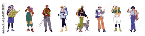 Tourists with backpacks set. Hikers with equipment trekking. Backpackers with map, binoculars hiking. People carry rucksacks, knapsacks, bags in journey. Flat isolated vector illustrations on white