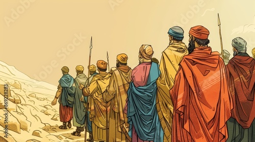 Numbers,The Transjordan Tribes,Moses and Transjordan Tribes: Agreement and Conquest Commitment, Biblical Illustration, Beige Background, Copyspace photo