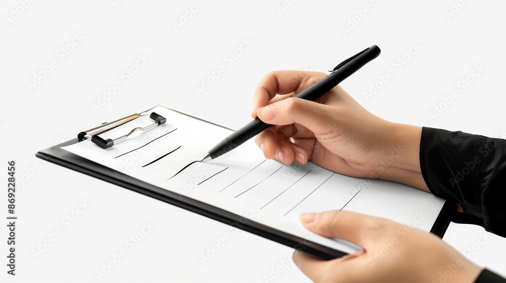 A business agreement, contract, or document with a signature is held in the hands on a clipboard, and a pen is used to fill out the document. It is isolated on a white background, and rendered in 3D. A business agreement, contract, or document with a signature is held in the hands on a clipboard, and a pen is used to fill out the document. It is isolated on a white background, and rendered in 3D.