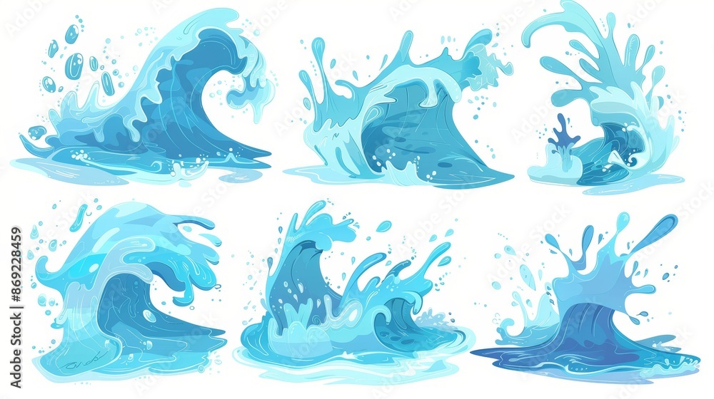 A watercolor illustration of waves splashes on a blue background. Modern cartoon illustration of sea water, ocean liquid spills with drops, surfing motion effect, fountain stream, swimming adventure A watercolor illustration of waves splashes on a blue background. Modern cartoon illustration of sea water, ocean liquid spills with drops, surfing motion effect, fountain stream, swimming adventure