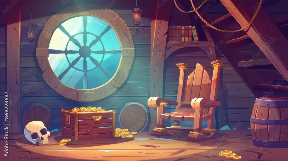 ภาพประกอบสต็อก Interior design of a pirate ship cabin. Modern cartoon ...