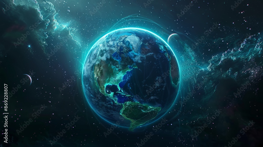 The horizon of the planet is illuminated by blue sun rays and sparkles. A realistic 3D illustration from space showing the dawn and dusk light of the universe. A fantasy sunrise or sunset light. The horizon of the planet is illuminated by blue sun rays and sparkles. A realistic 3D illustration from space showing the dawn and dusk light of the universe. A fantasy sunrise or sunset light.