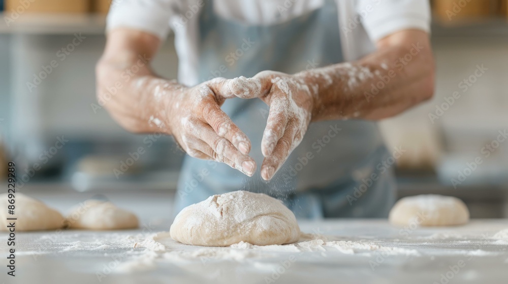 hands of male baker ready for kneading dough on table, baking process, closeup hands of male baker ready for kneading dough on table, baking process, closeup