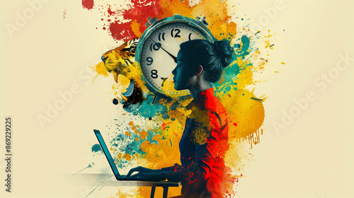 Illustration of woman working on laptop under the clock