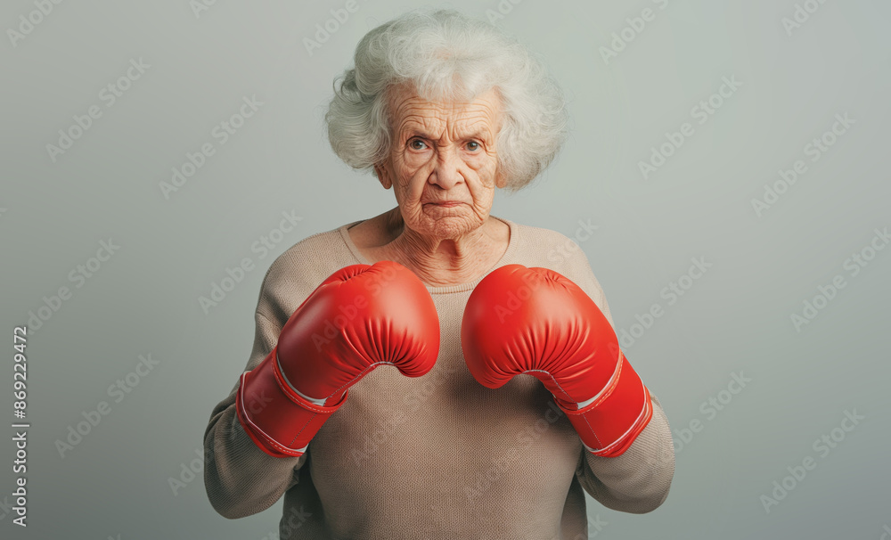 An elderly woman wearing red boxing gloves, standing with a serious and determined expression, symbolizing strength and defiance against a plain background. An elderly woman wearing red boxing gloves, standing with a serious and determined expression, symbolizing strength and defiance against a plain background.