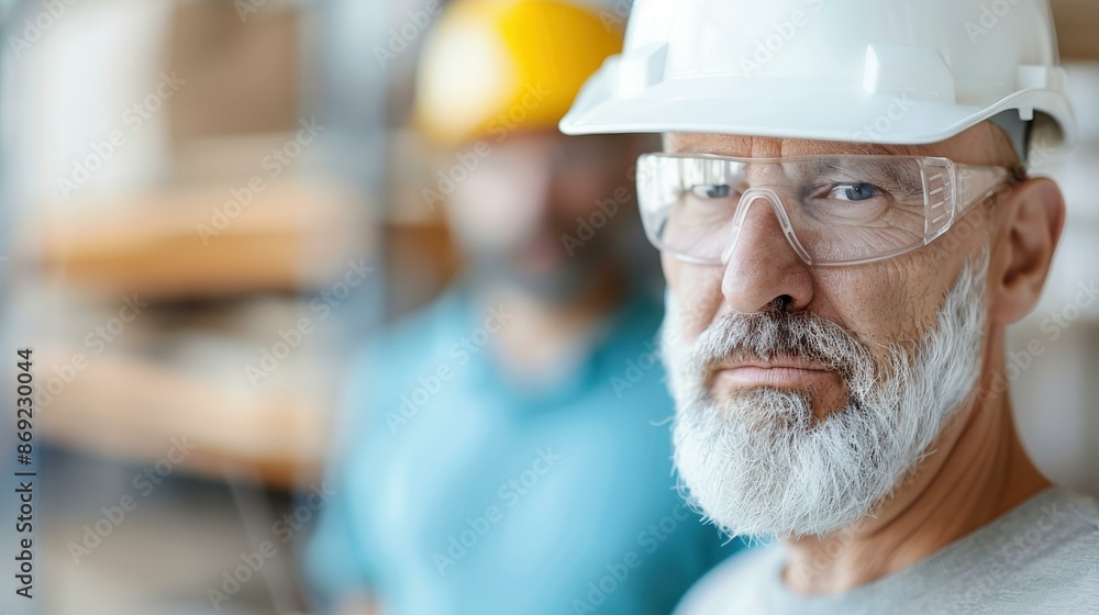 determined senior man with a beard in lumber warehouse, wearing safety gear, with helper determined senior man with a beard in lumber warehouse, wearing safety gear, with helper